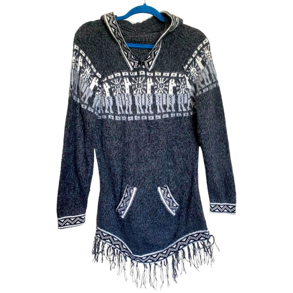 Peruvian Alpaca Hooded Fringe Pullover Sweater Artisan Knitwear Lodge Cabin Gorp